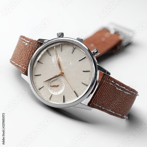 Stylish Wristwatch: A minimalist wristwatch with a light dial, rose gold hands, and a canvas strap rests elegantly, showcasing its modern design and sophisticated appeal.