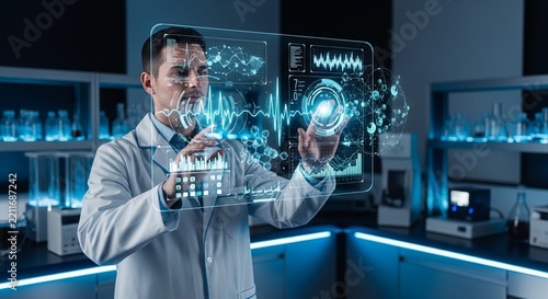 Scientist Interacting with Futuristic Data