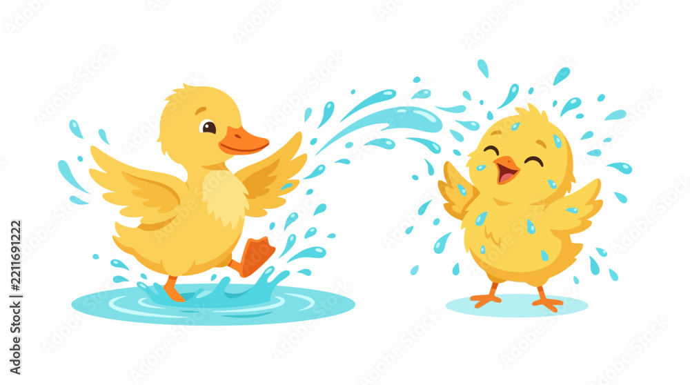 Fototapeta premium Cute Ducklings Playing in Water Vector Illustration