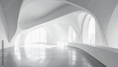 Modern abstract interior architecture with fluid white curves and natural light