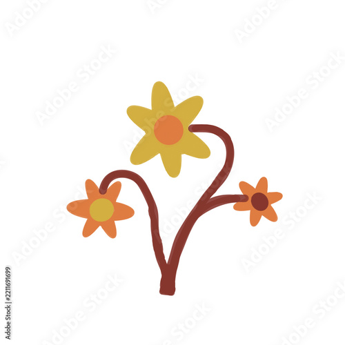 Three whimsical flowers on curved brown stems against a plain white background.