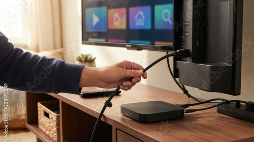 streaming device home setup closeup Person connecting HDMI cable to a smart TV in a modern living room.