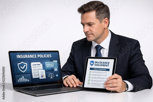  Businessman reviewing digital insurance policies and compliance documents on laptop and tablet. Risk management data security policy protection, regulatory compliance and insurance technology concept