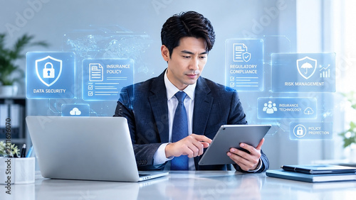  Businessman reviewing digital insurance policies and compliance documents on laptop and tablet. Risk management data security policy protection, regulatory compliance and insurance technology concept