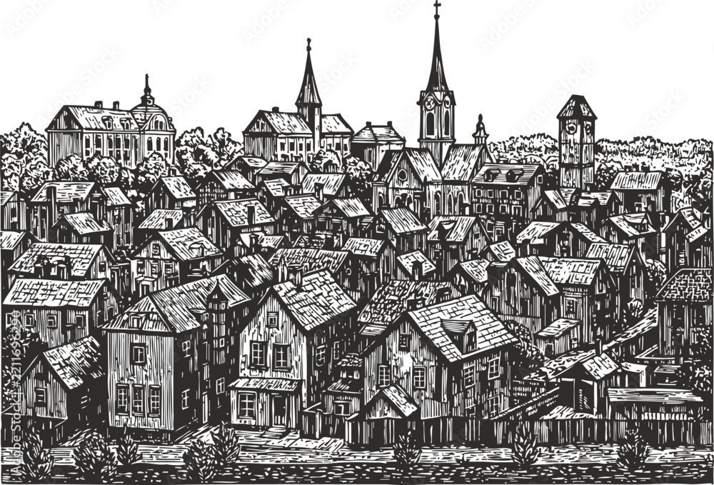 Obraz premium detailed engraving of old town architecture with churches and wooden houses vintage illustration
