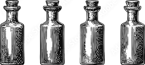 vintage glass bottle engraving set antique medicine containers detailed monochrome drawing
