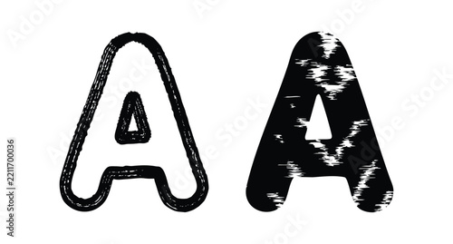 Letter A pairs outline and solid styles with dual alphabet characters, rough textures, and black strokes.