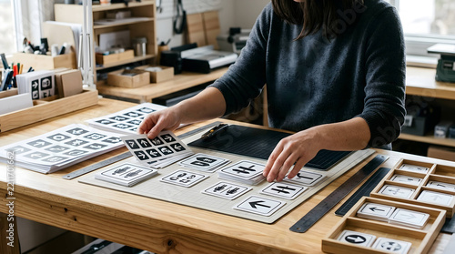 Organized modular signage boards with tactile wayfinding symbols, concept for intuitive navigation systems, urban planning, and public space design