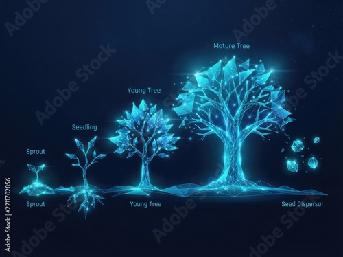 Digital wireframe illustration of the tree growth life cycle