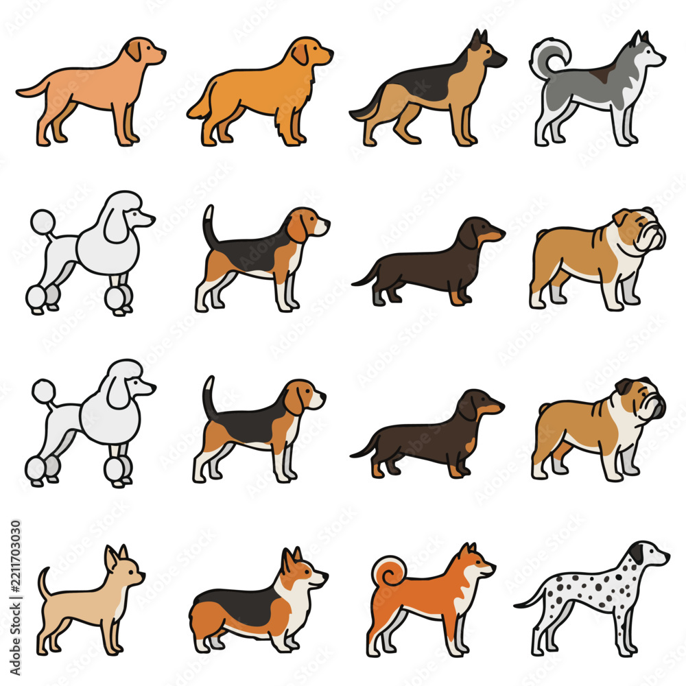 Obraz premium Collection of cartoon dog breed icons on a white background including popular domestic pets such as retriever german shepherd husky poodle beagle dachshund bulldog chihuahua corgi and dalmatian