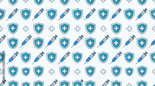 Seamless Medical Pattern with Teal Shields, Syringes, and Crosses on White Background