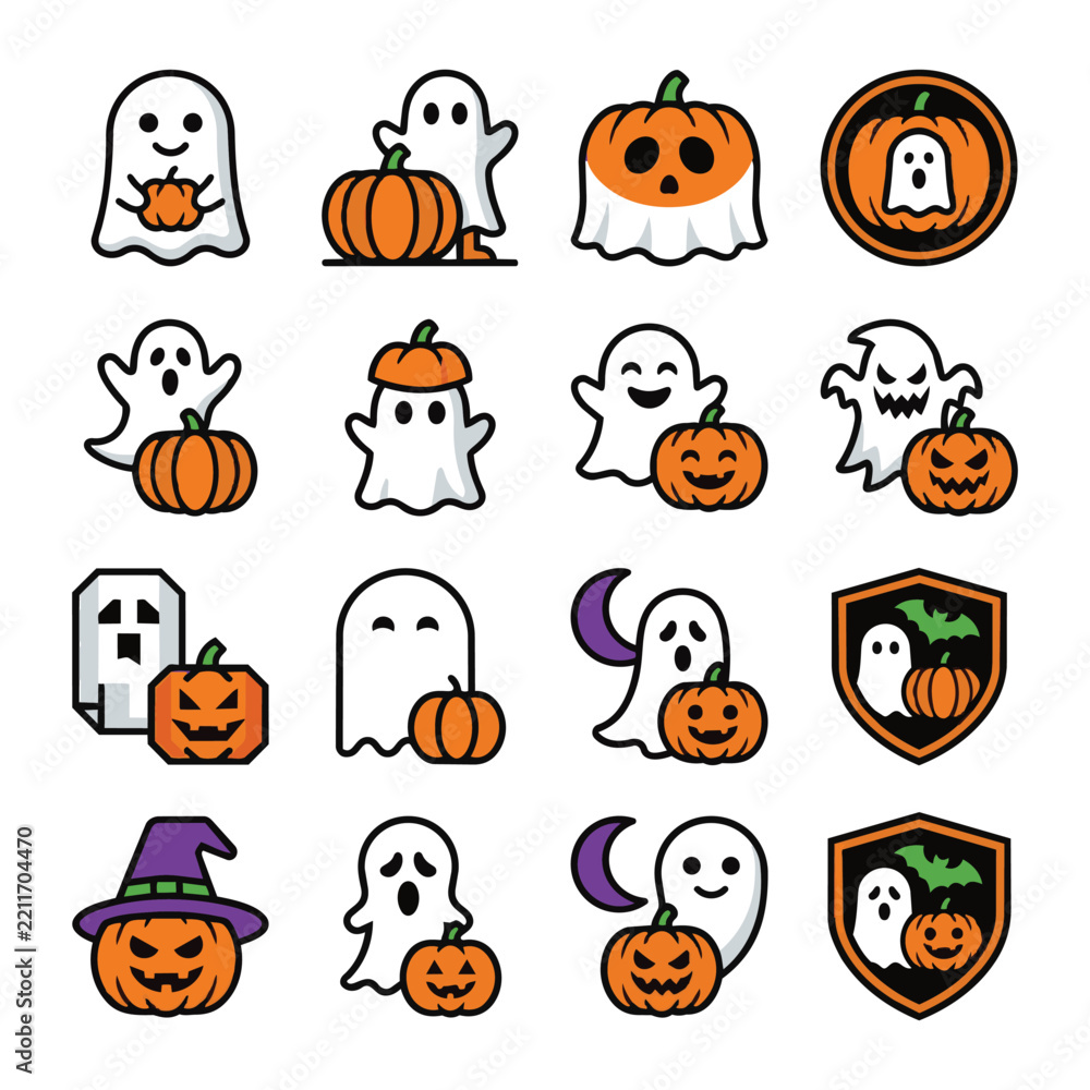 Fototapeta premium Cute halloween vector icon set featuring cartoon ghosts and orange pumpkins with different expressions on a white background ideal for spooky autumn holiday graphic designs and stickers