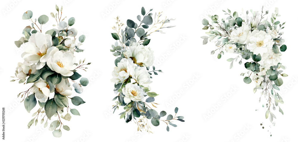 Naklejka premium Watercolor white floral bouquets with eucalyptus greenery creating elegant wedding invitation clipart, perfect for natural and romantic event designs and stationery