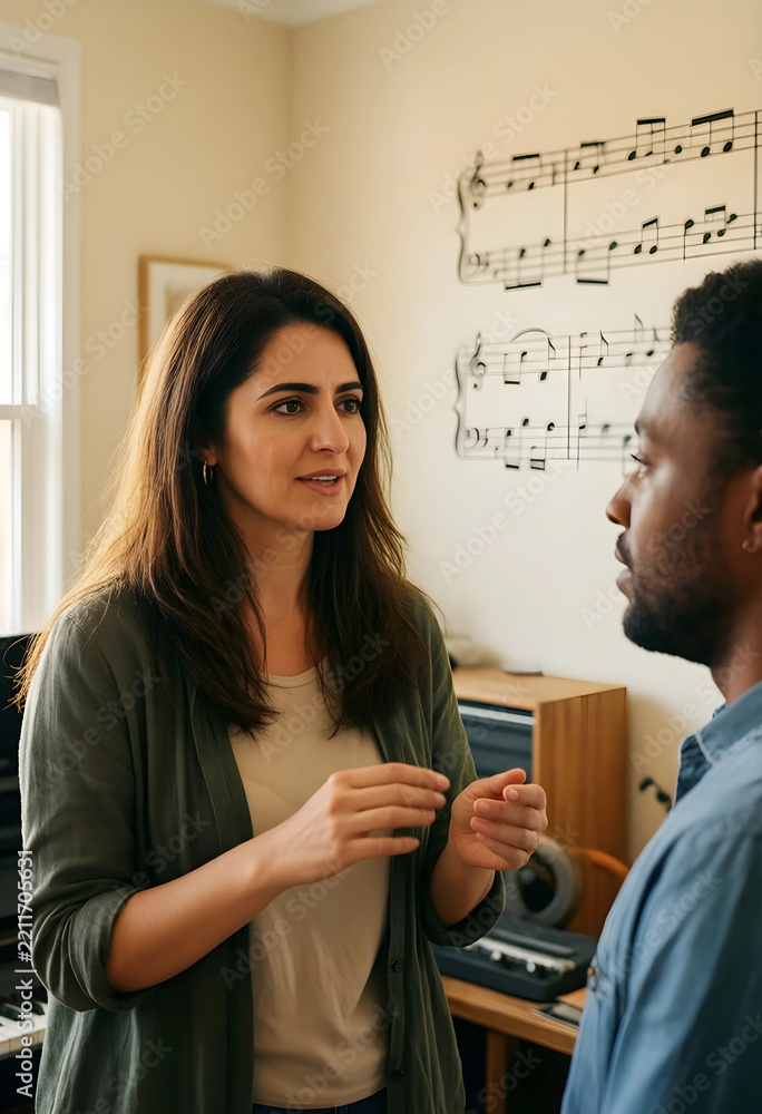 Fototapeta premium Collaboration and creative communication, diverse music teachers discussing lesson plans in a home studio with musical notes on the wall