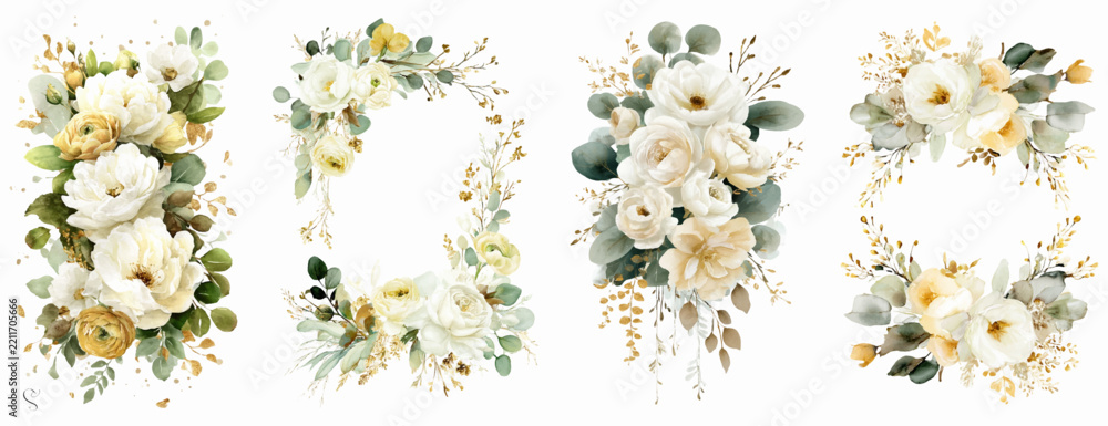 Fototapeta premium Watercolor floral collection of white and gold blooms with eucalyptus and delicate green foliage, elegant bouquets, frames, wreaths and borders on a clean white background