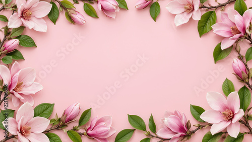 Pink Magnolia Flower Frame with Blossoming Branches and Copy Space on Pastel Pink Background