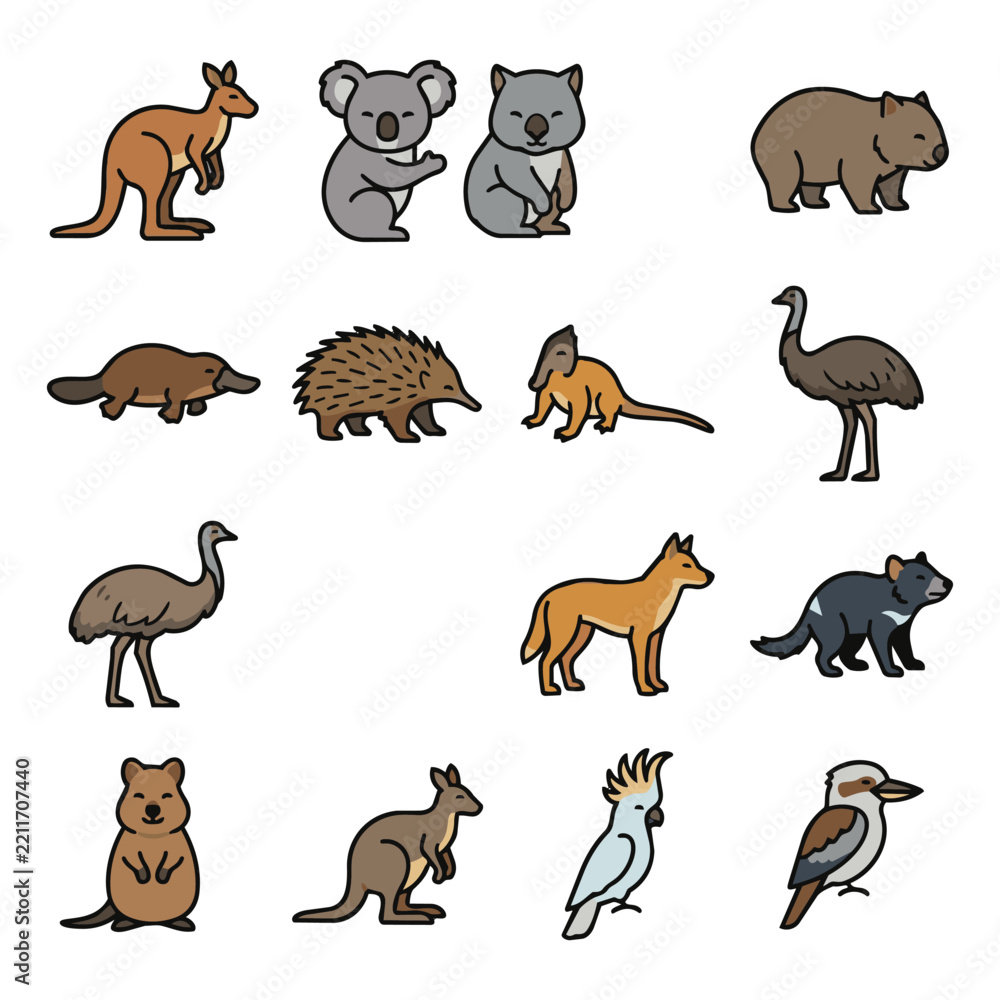 Obraz premium Set of flat vector illustrations depicting various endemic animals such as a kangaroo koala wombat platypus echidna emu dingo cockatoo kookaburra and quokka on a white background
