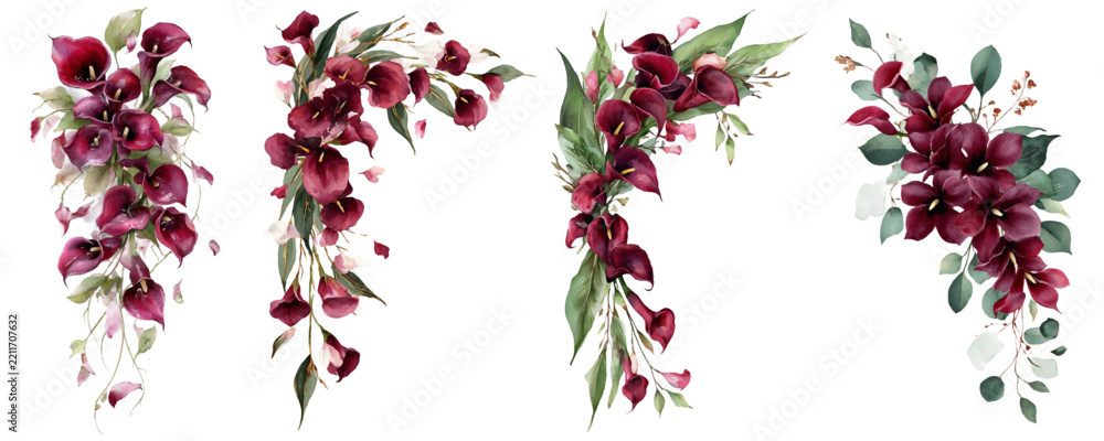 Fototapeta premium Burgundy calla lilies and green blush leaves in watercolor bouquets and corner arrangements on white background, elegant botanical decor for invitations and romantic events