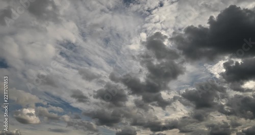 Beautiful dramatic time lapse of dark storm clouds moving fast across blue sky before rain