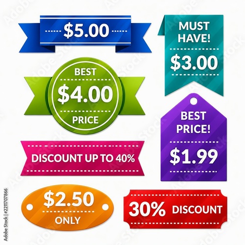 Colorful sale price tags and discount badges set for marketing and advertising