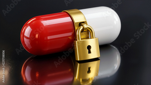 Red and White Capsule Locked with Brass Padlock Representing Medication Security, Drug Patent Protection, and Controlled Substance Access