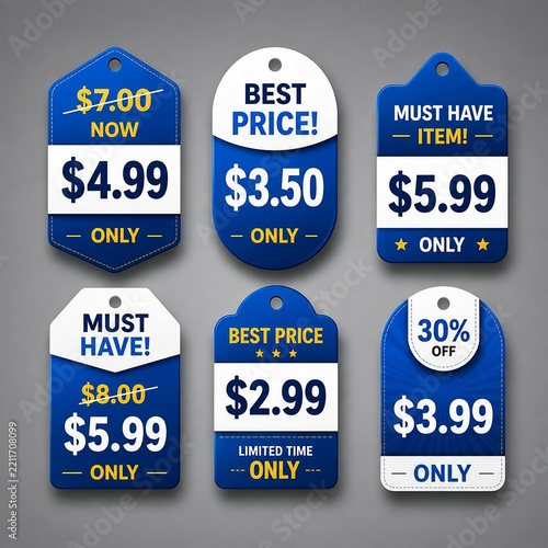 Sale price tags with discounts and special offers on blue digital banners