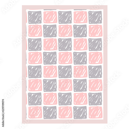Abstract Hand-Drawn Pink and Gray Square Pattern Background with Scribbled Texture.