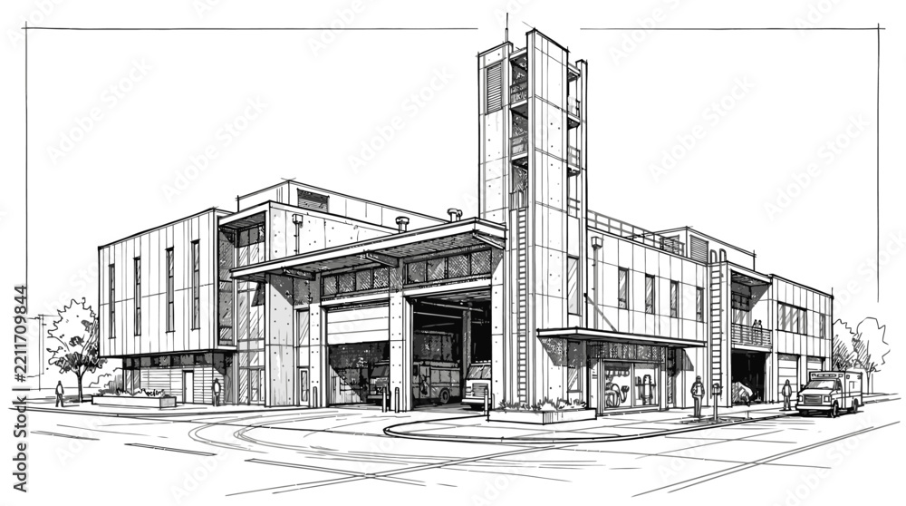 Fototapeta premium Dynamic Sketch of Modern Fire Station with Large Bays Staircase Tower and Urban Surroundings with high quality professional line art symbols for modern creative design and digital branding projects