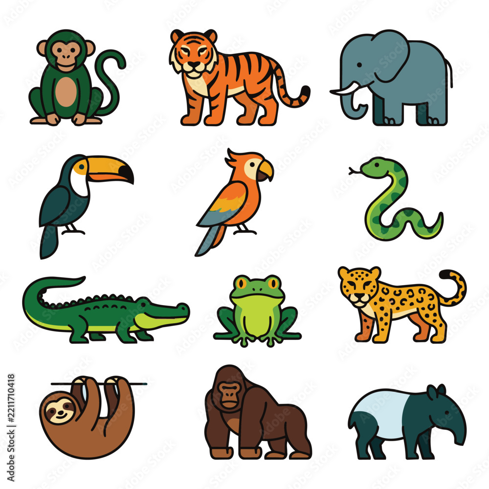 Fototapeta premium Vector collection of simple cartoon jungle and rainforest animals including a monkey tiger elephant toucan parrot snake crocodile frog leopard sloth gorilla and tapir on a white background