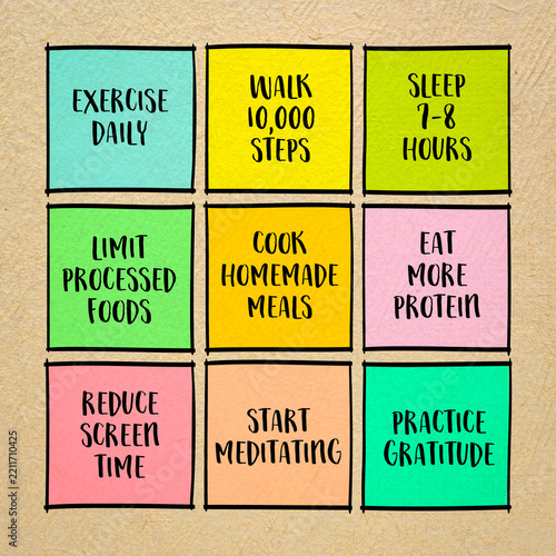 New Year resolutions for healthy lifestyle - set of inspirational notes with tips and guidelines.