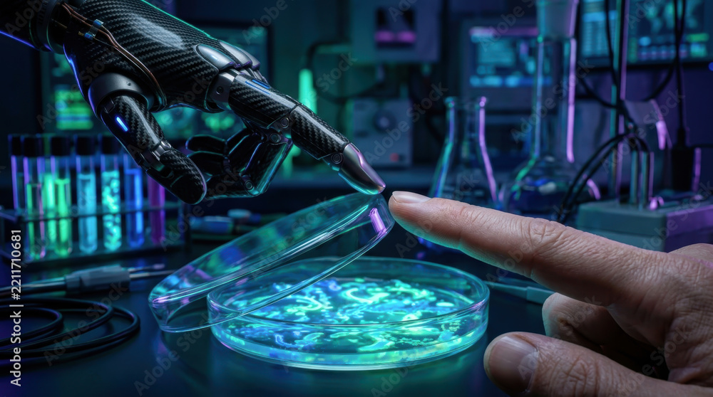 Obraz premium Human and Robot Finger Connection with Digital Particles