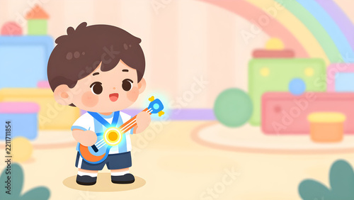 Cute Asian boy playing ukulele in a colorful playroom flat illustration