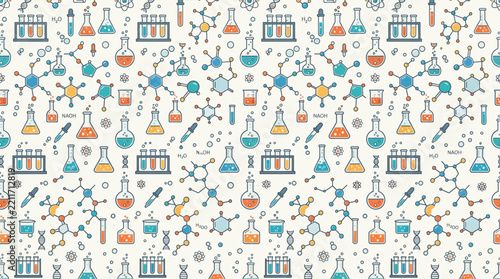 Seamless Science Laboratory Pattern with Colorful Beakers and Molecules on White Background