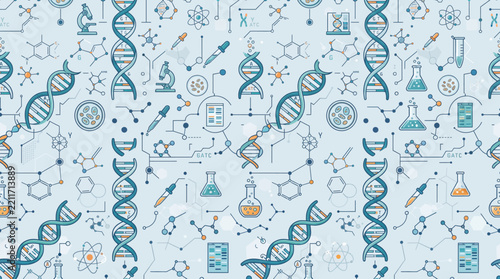 Seamless Science Pattern with DNA Helixes, Microscopes, and Lab Equipment Icons