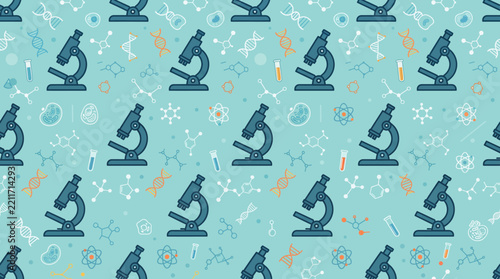 Seamless Science Pattern with Microscopes, DNA, and Molecules on Teal Background