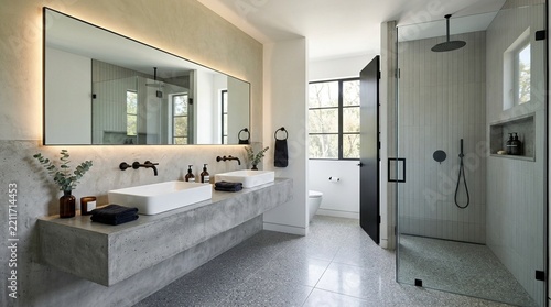 Modern Bathroom with Double Sink Vanity, Concrete Countertop and Walk-in Shower