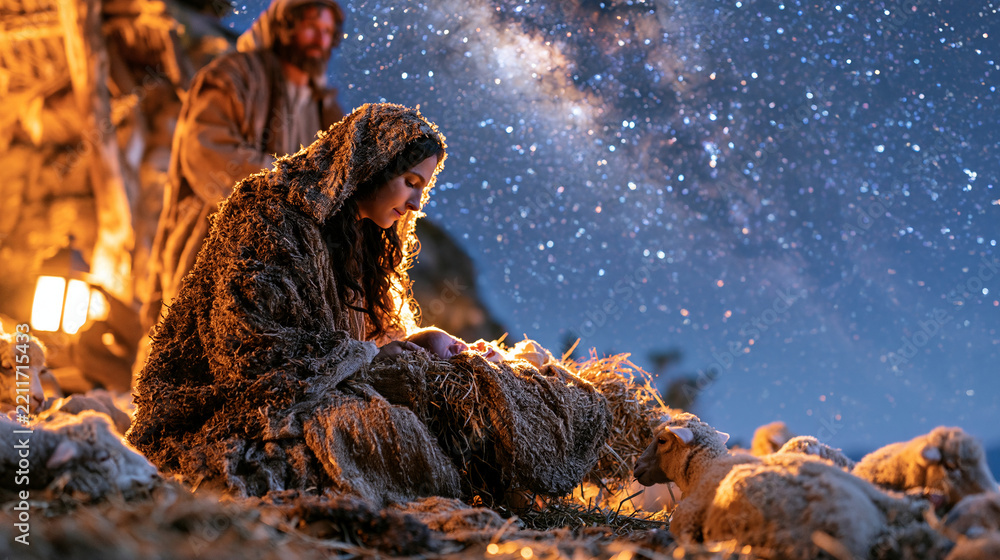 Obraz premium Wide cinematic Nativity scene showing the Holy Family gathered around newborn Jesus Christ in a simple manger, Mary seated beside the baby and Joseph standing protectively nearby, peaceful sheep res