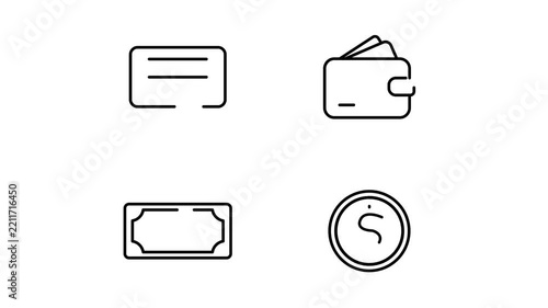 Digital payment icon pack featuring line drawing animations of financial symbols on a transparent background for corporate presentations.