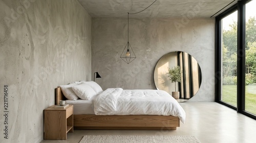 Modern Bedroom Interior with Concrete Walls, Natural Light, and Large Round Mirror