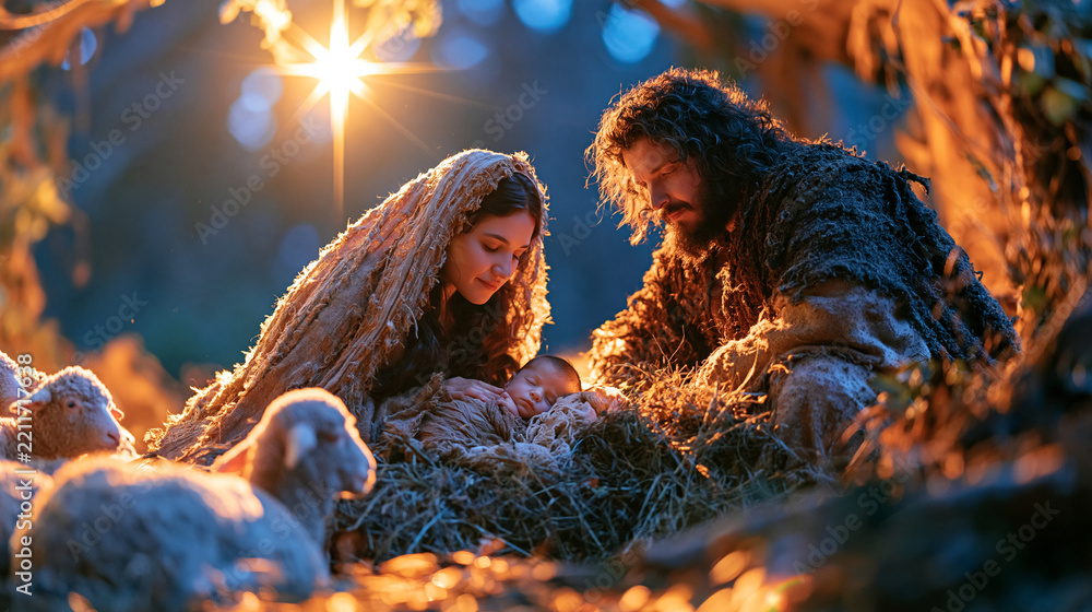 Fototapeta premium The Holy Family gathered around a humble manger beneath a brilliant Bethlehem star, newborn Jesus Christ sleeping peacefully while Mary and Joseph look upon Him with love, several sheep resting quie