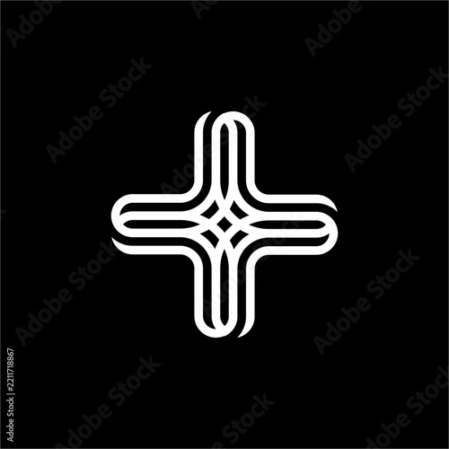 Elegant abstract cross monogram featuring flowing continuous monoline ribbons. Perfect for medical clinics, health care centers, wellness brands, plus modern tech firms.