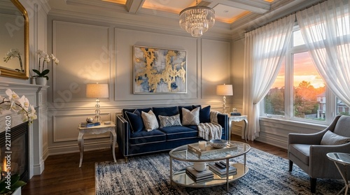 Luxurious living room with elegant furniture and sunset view