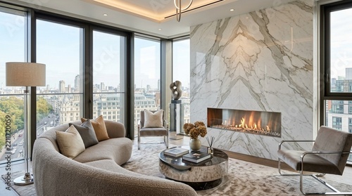 Luxury Apartment Living Room with Fireplace and City View