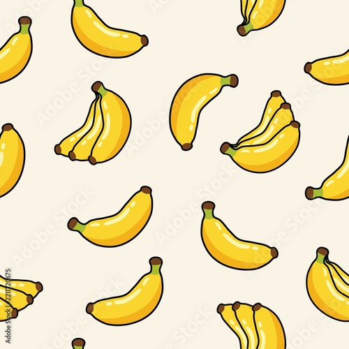 Seamless pattern of cute bananas, yellow banana fruit and bunch illustration on warm cream background