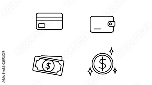 Digital payment icon pack displaying seamless looping animations of monetary elements on a transparent background for corporate presentations.