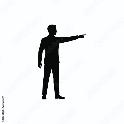 Black businessman silhouette standing and pointing forward isolated on white background 
