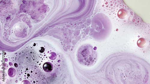 Abstract purple and white dirty soda foam with swirling cream, sparkling bubbles and fizzy texture creating a colorful refreshing beverage background