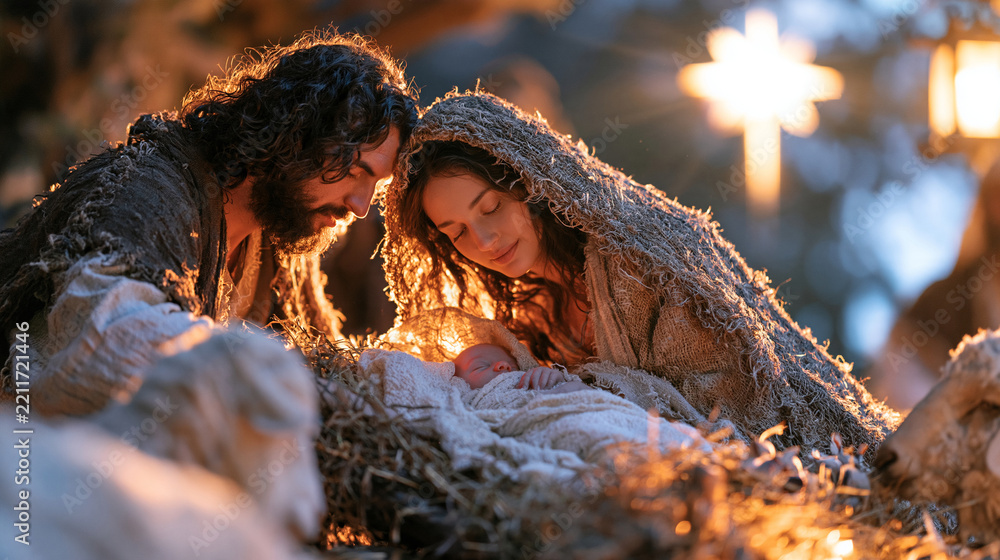 Obraz premium Serene Holy Night scene with the Holy Family surrounding newborn Jesus Christ in a rustic manger, Mary and Joseph dressed in historically inspired biblical garments, peaceful sheep resting nearby, r