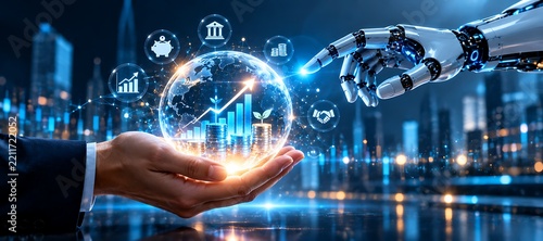 Human hand holding glowing digital earth with financial growth charts and coins representing global economic stability through ai technology.