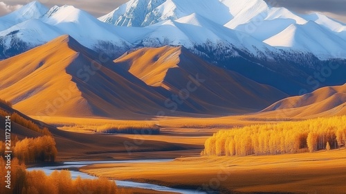 Autumn landscape with snow-capped mountains and a river